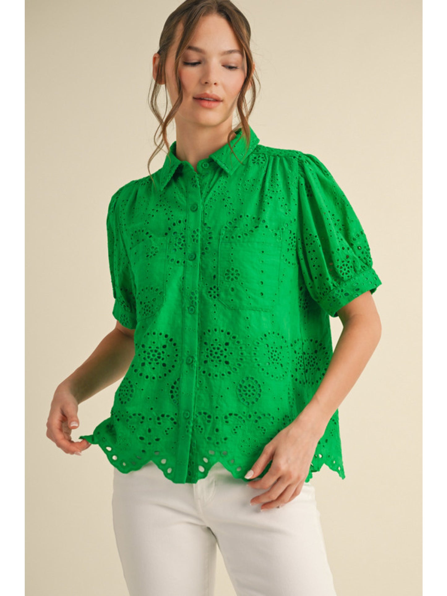 Kelly Green Eyelet Button Up Collared Blouse