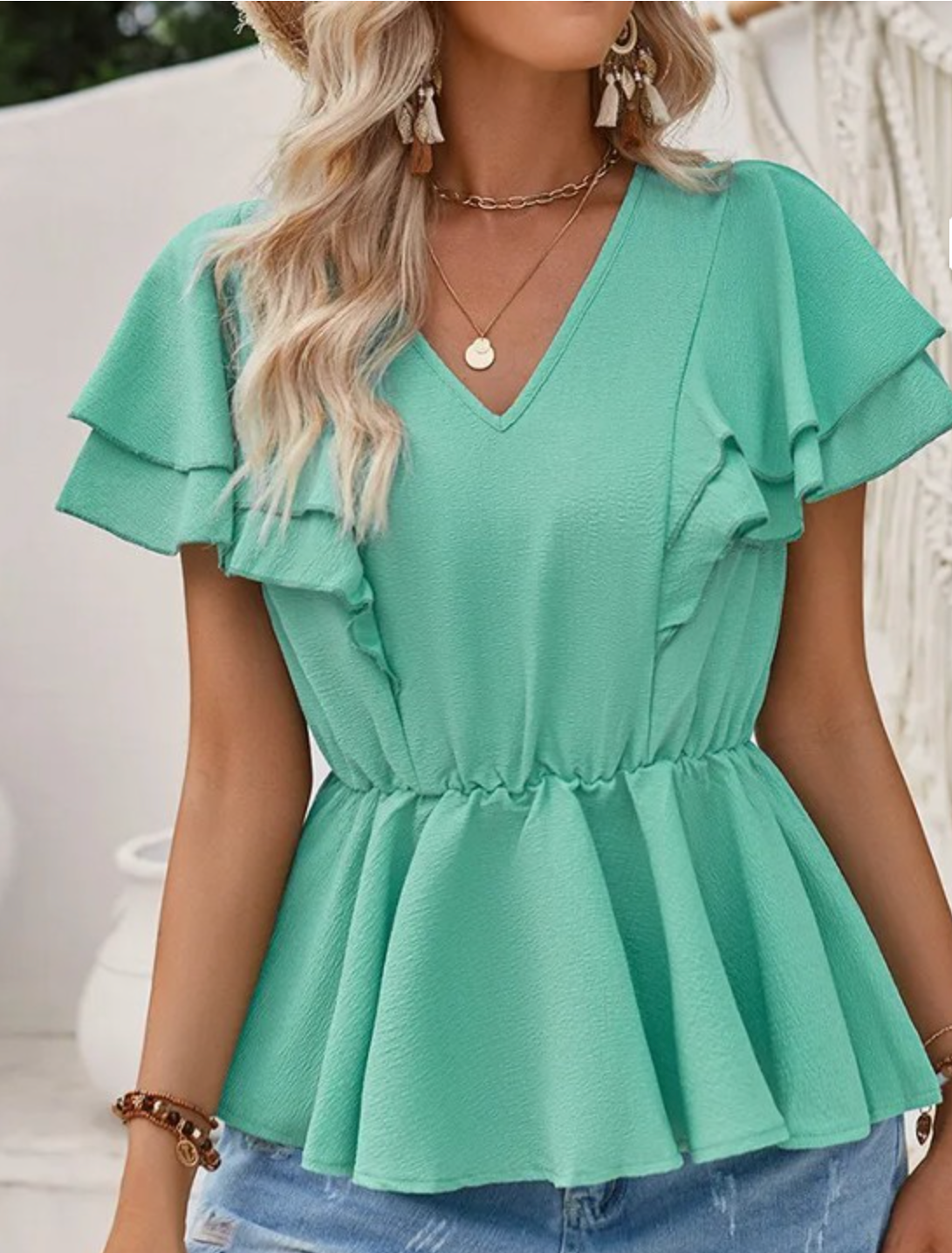 Green V Neck Ruffle Sleeve Babydoll Top