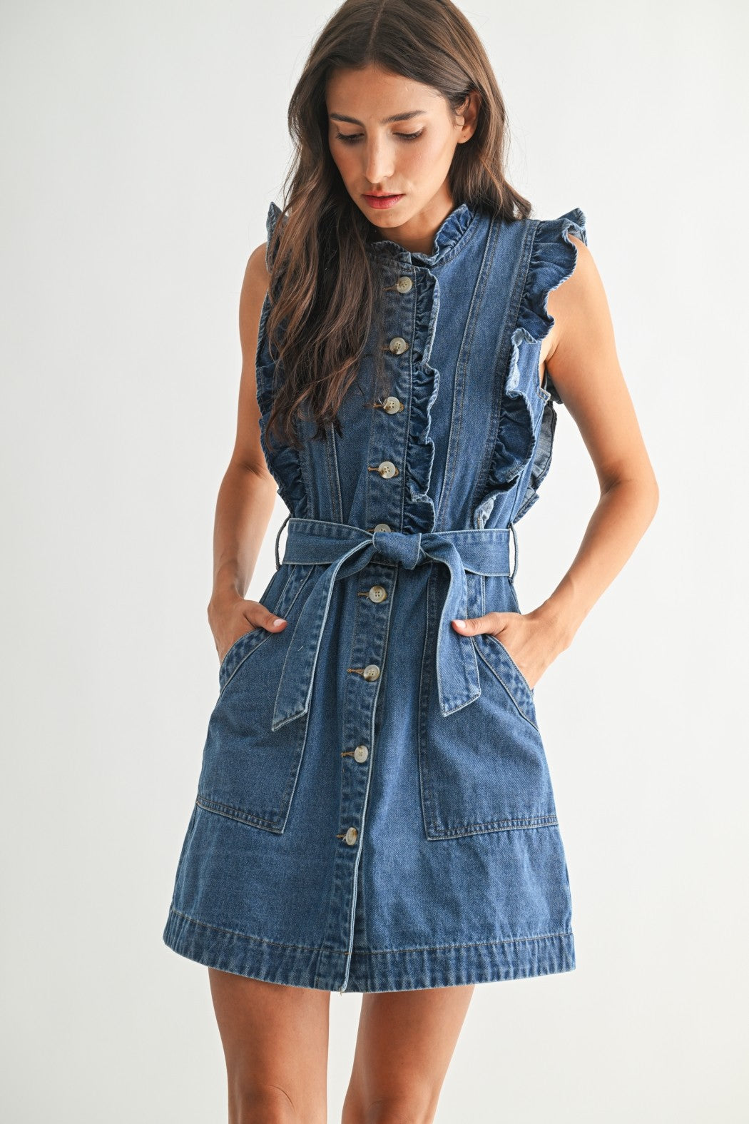 Medium Wash Denim Button Up Sleeveless Mini Dress