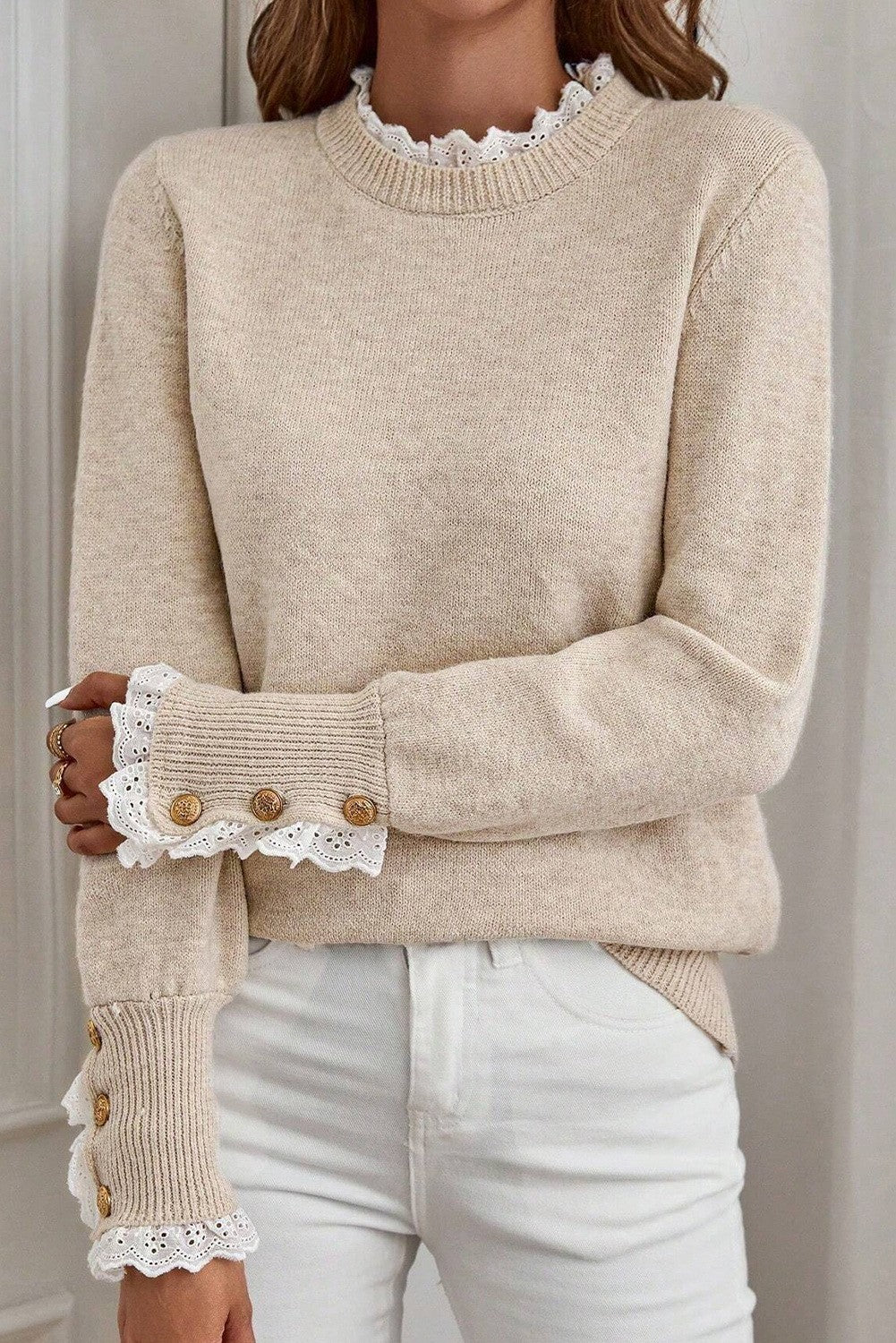 Cream Lace Trim + Button Cuff Sweater