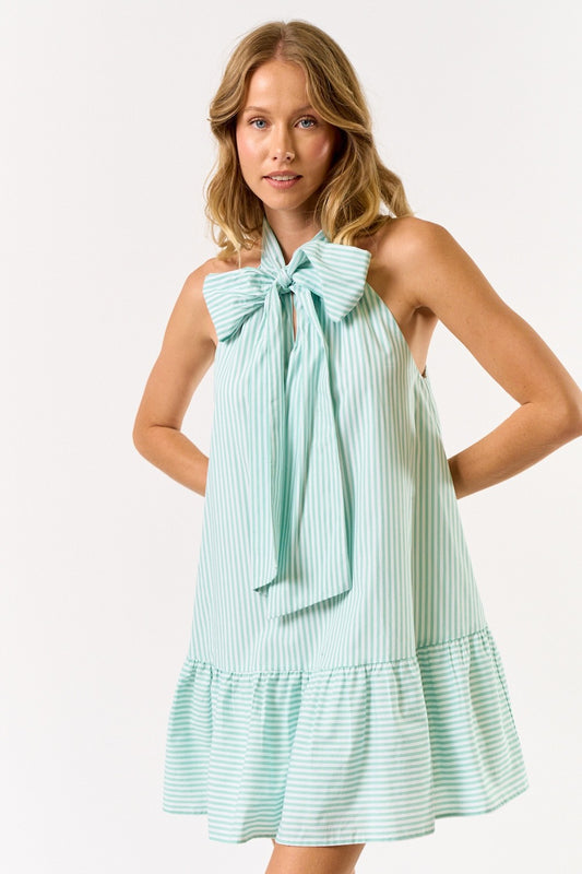 Light Green Striped Sleeveless Mini Dress w/ Bow Tie Accent
