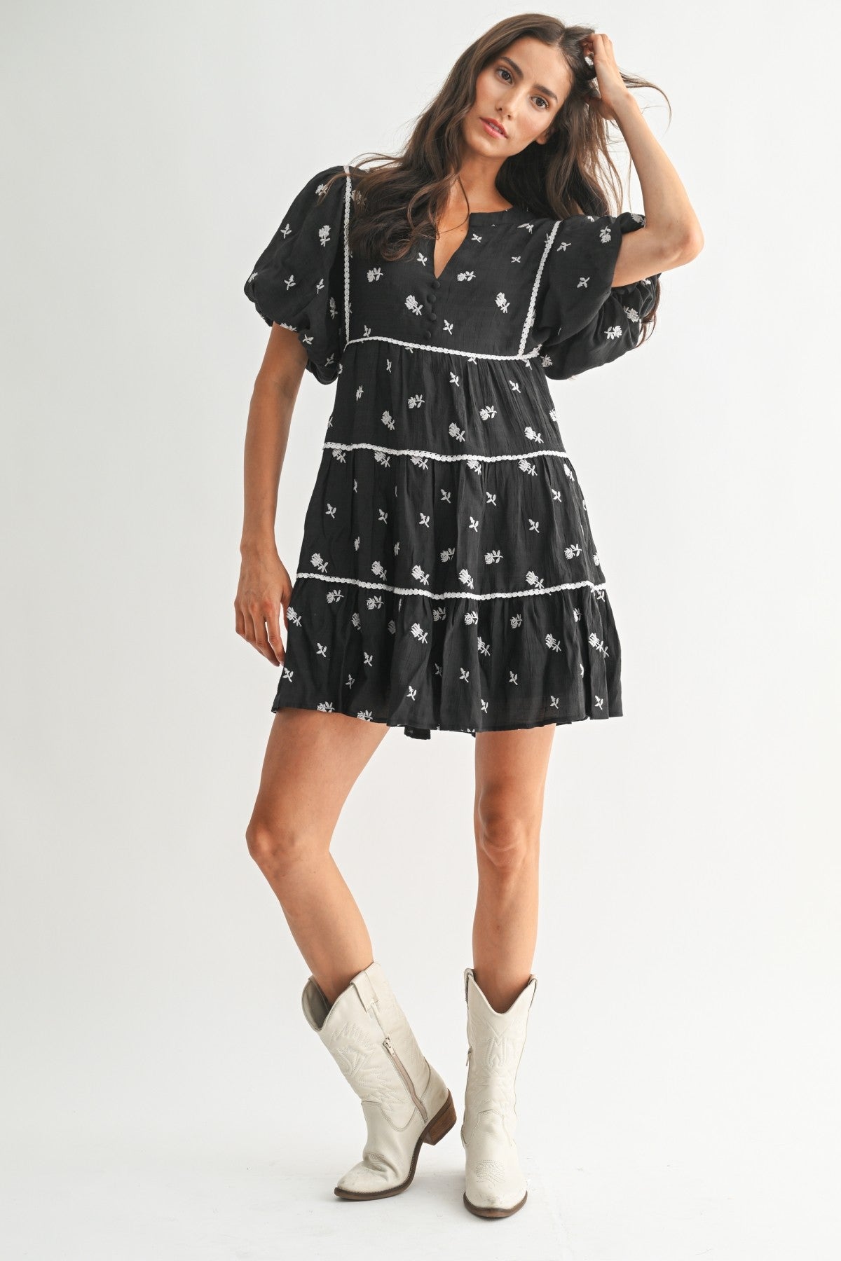Black/Ivory Floral Embroidered Mini Dress