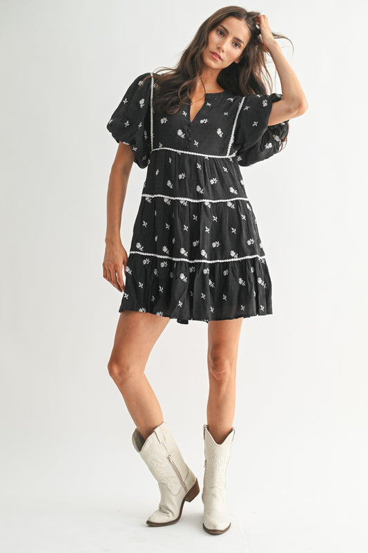 Black/Ivory Floral Embroidered Mini Dress