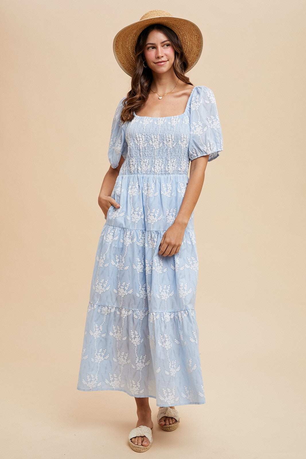 Sky Blue Floral Smocked Bodice Midi Dress