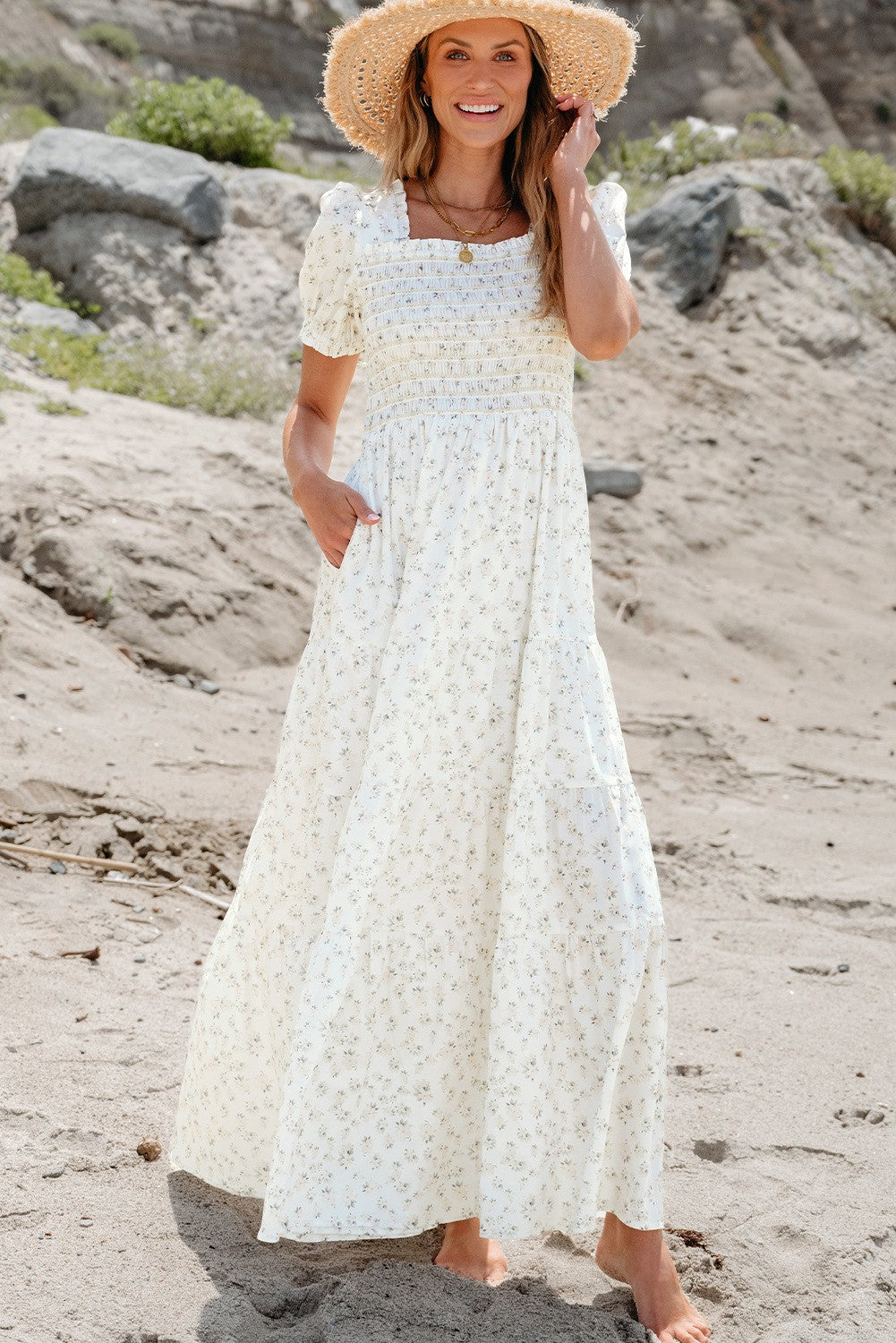 White Floral Smocked, Short Sleeve Tiered Maxi Dress
