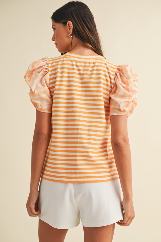 Orange Striped Mix Media Top w/ Ruching Short Sleeve