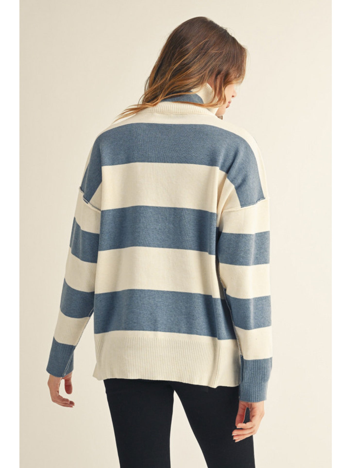 Denim Striped Collared Zip-Up Sweater