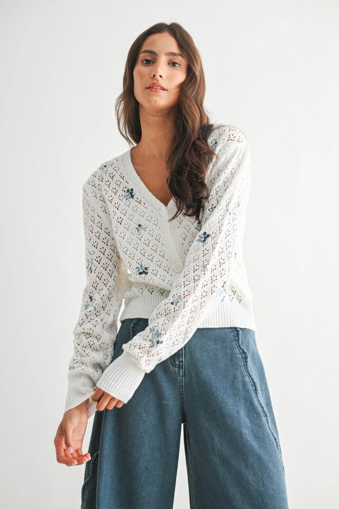White Floral Embroidered Open Knit Crop Cardigan