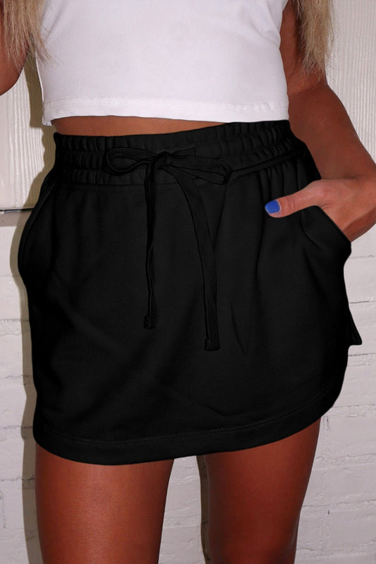 Black French Terry Drawstring Mini Skort