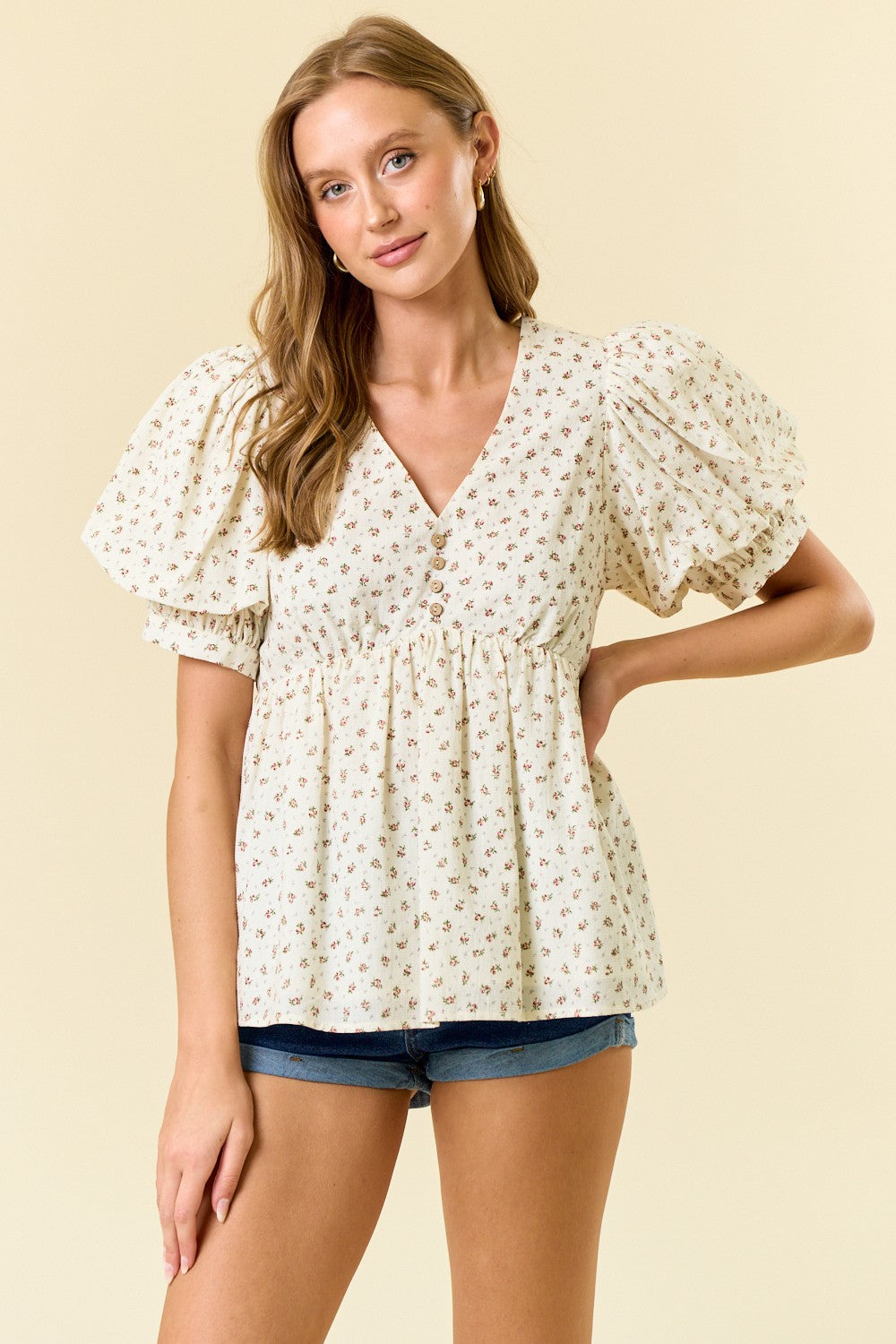 Ivory Floral Printed V-Neck Double Puff Sleeve Blouse