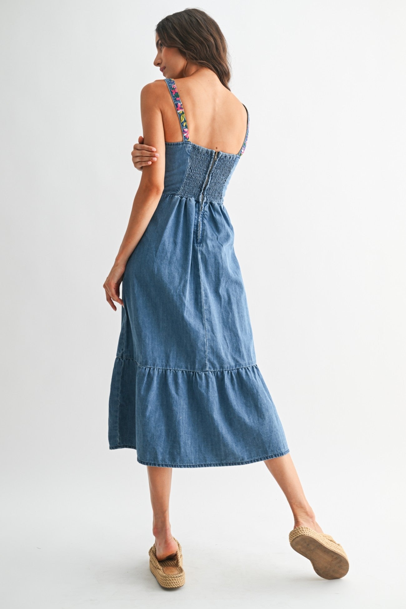 Medium Wash Denim Floral Embroidered Sleeveless Midi Dress