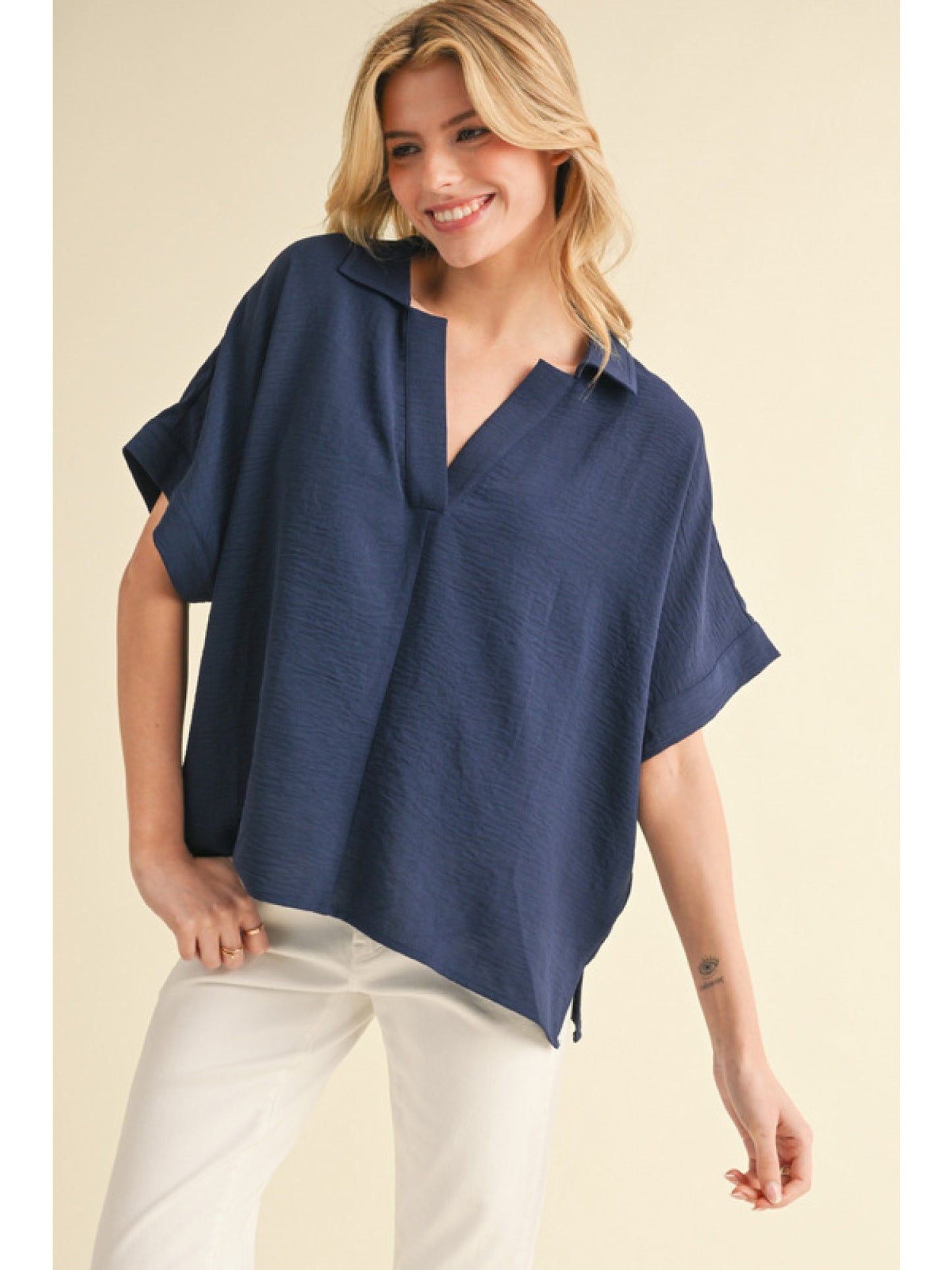Navy V-Neck, Collared Short Sleeve Blouse