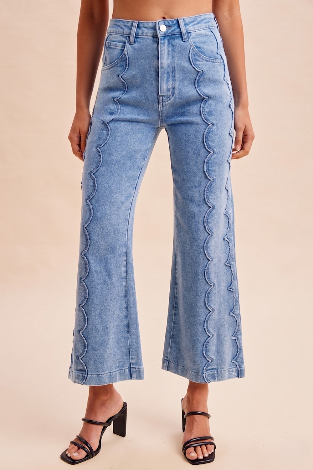 Stretch Scalloped Embroidered Wide Leg Jeans