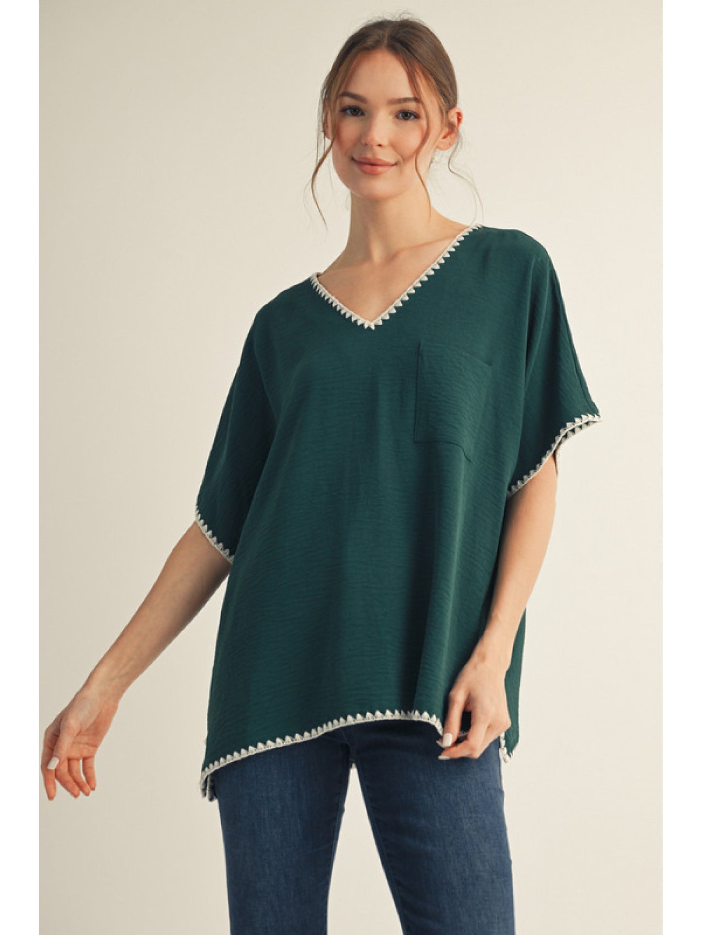 V-Neck Short Sleeve Blouse w/ Knit Trim