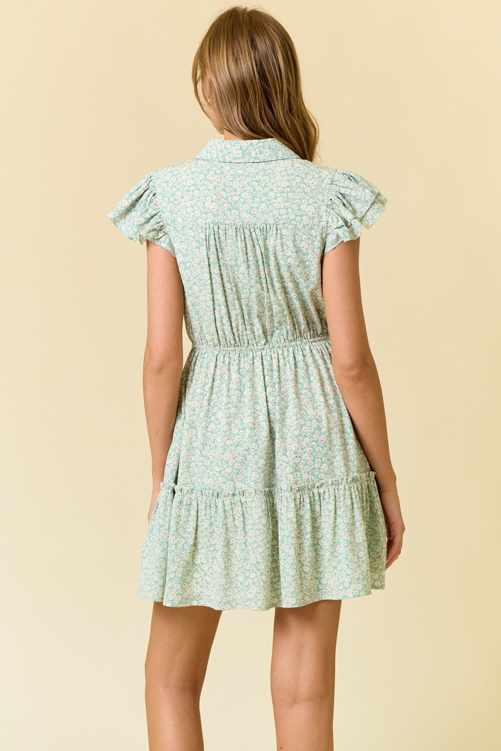 Seafoam Floral Collared Neck Double Ruffle Mini Dress
