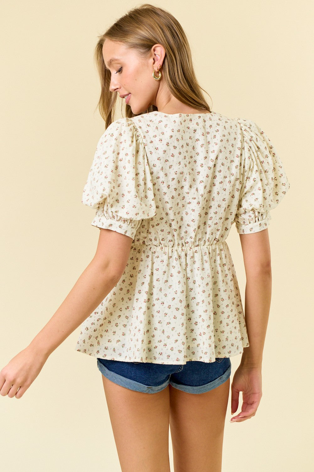 Ivory Floral Printed V-Neck Double Puff Sleeve Blouse
