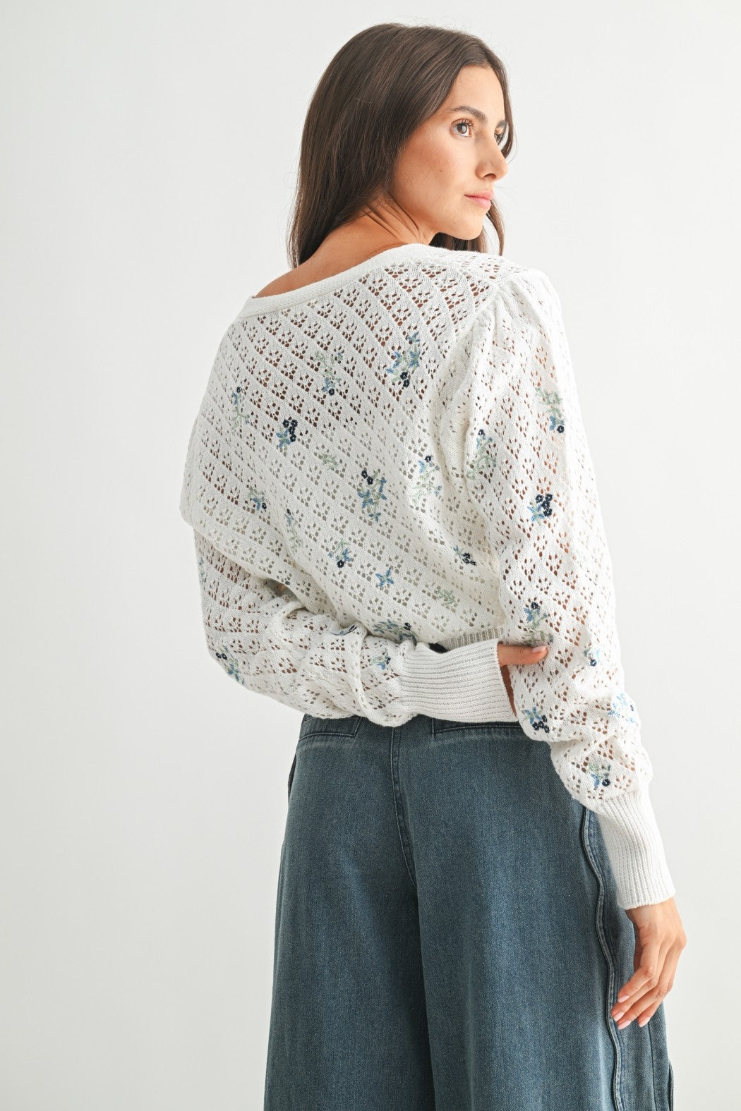 White Floral Embroidered Open Knit Crop Cardigan