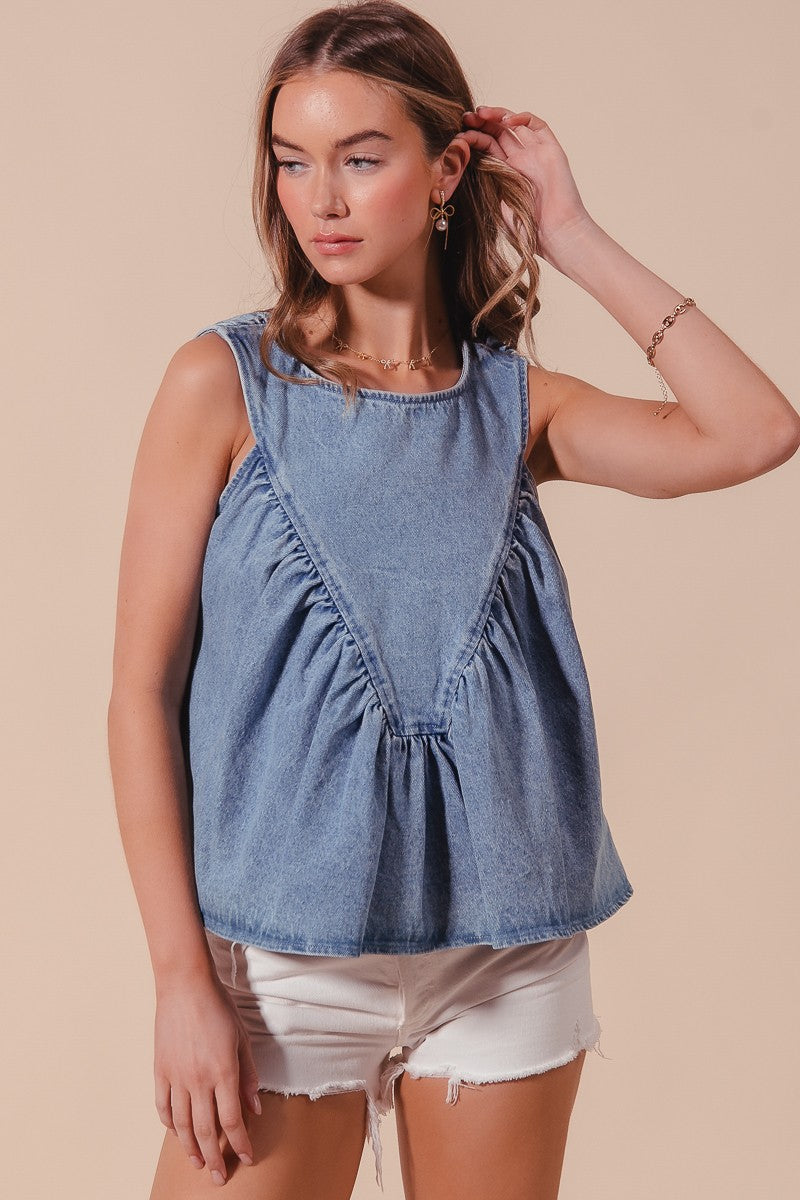Denim Ruched Babydoll Sleeveless Top