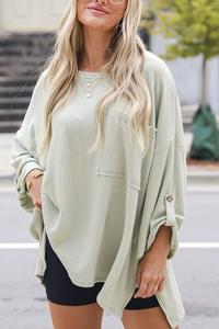 Green Ribbed Knit Oversize 3/4 Sleeve Top