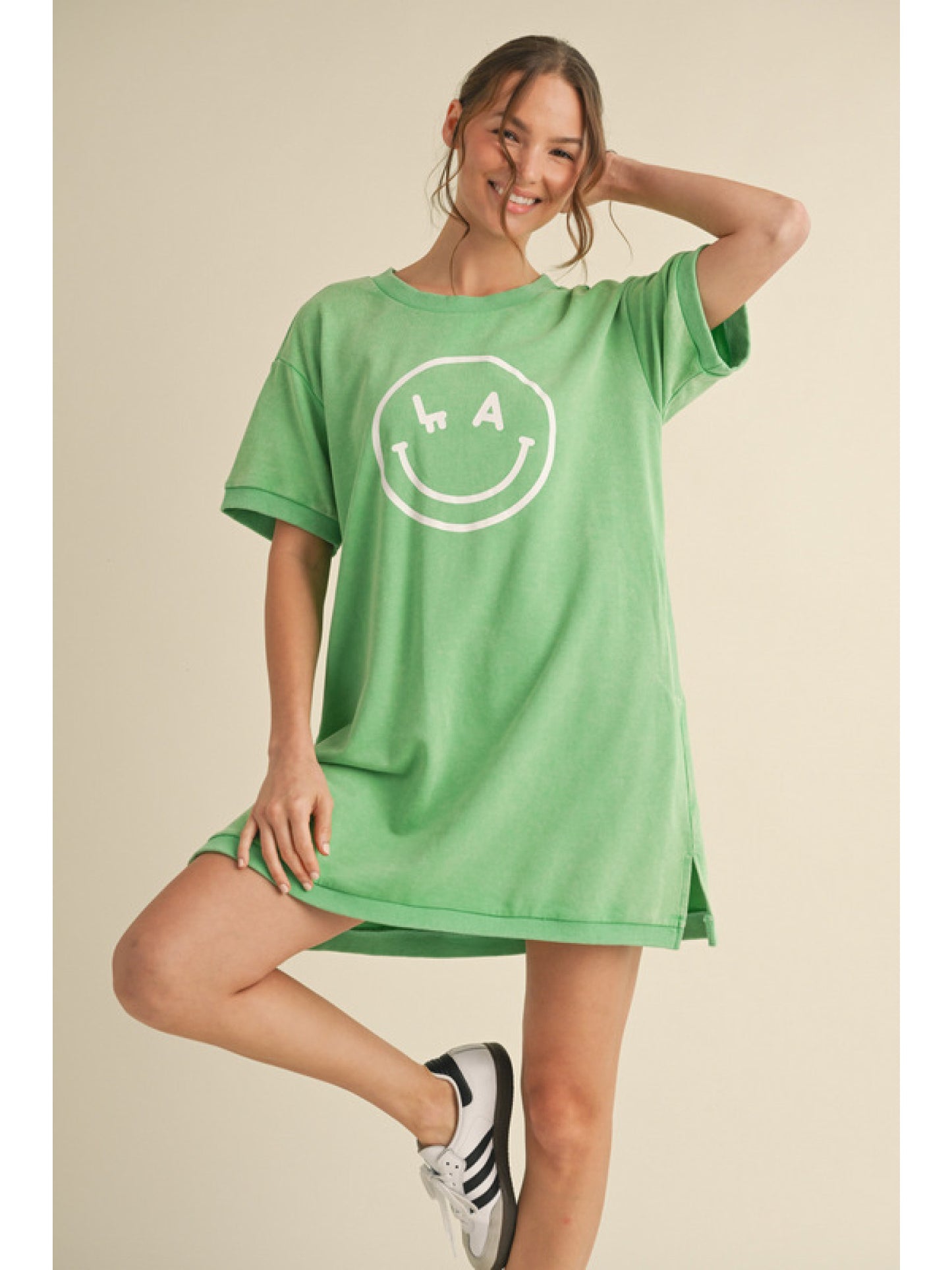 Green Short Sleeve Mini Dress w/ Smiley Graphic