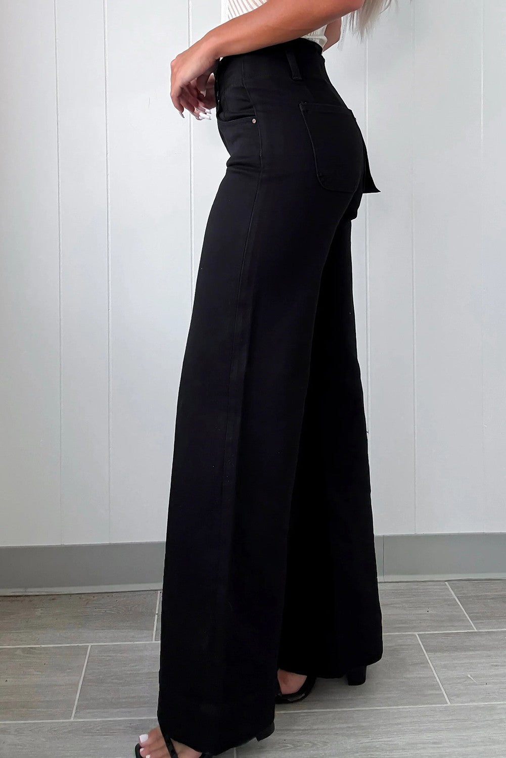 Black Two Button High Waisted Flare Jeans