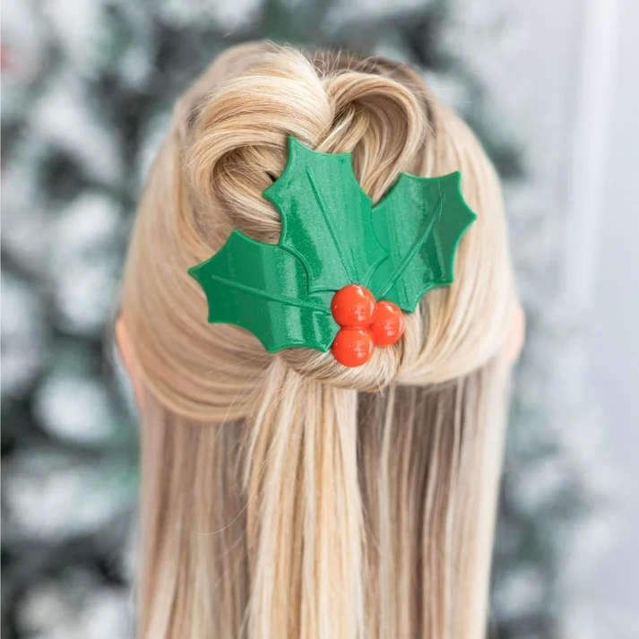 Teleties Glitter Holly Leaves Flat Hair Clip
