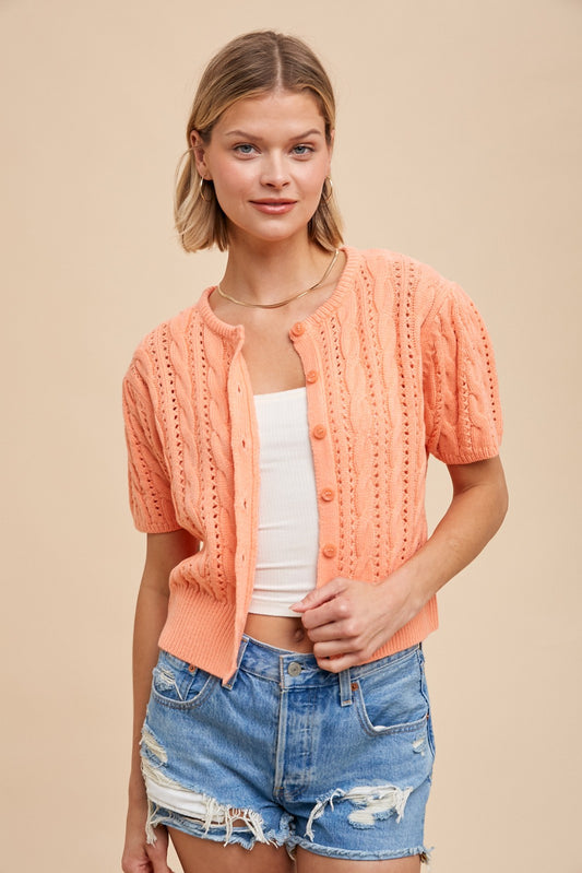 Apricot Cropped Cable Knit Short Sleeve Cardigan