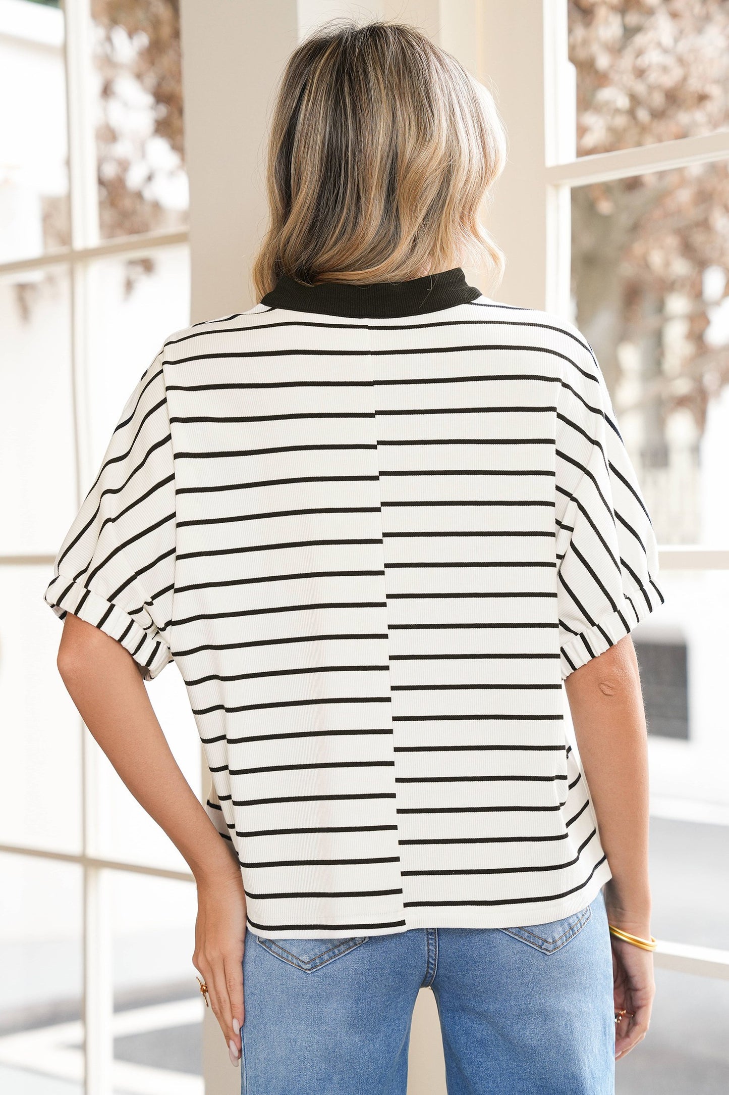 Black + White Striped Dolman Sleeve Top