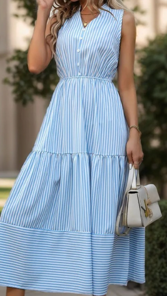 Blue Striped, Button Detail Sleeveless Midi Dress
