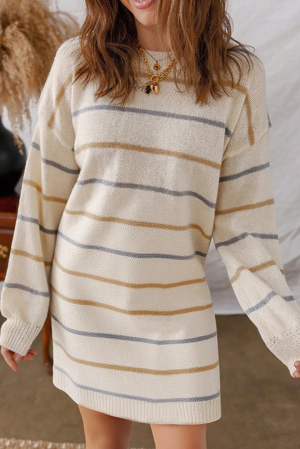 Multicolor Striped Long Sleeve Mini Sweater Dress