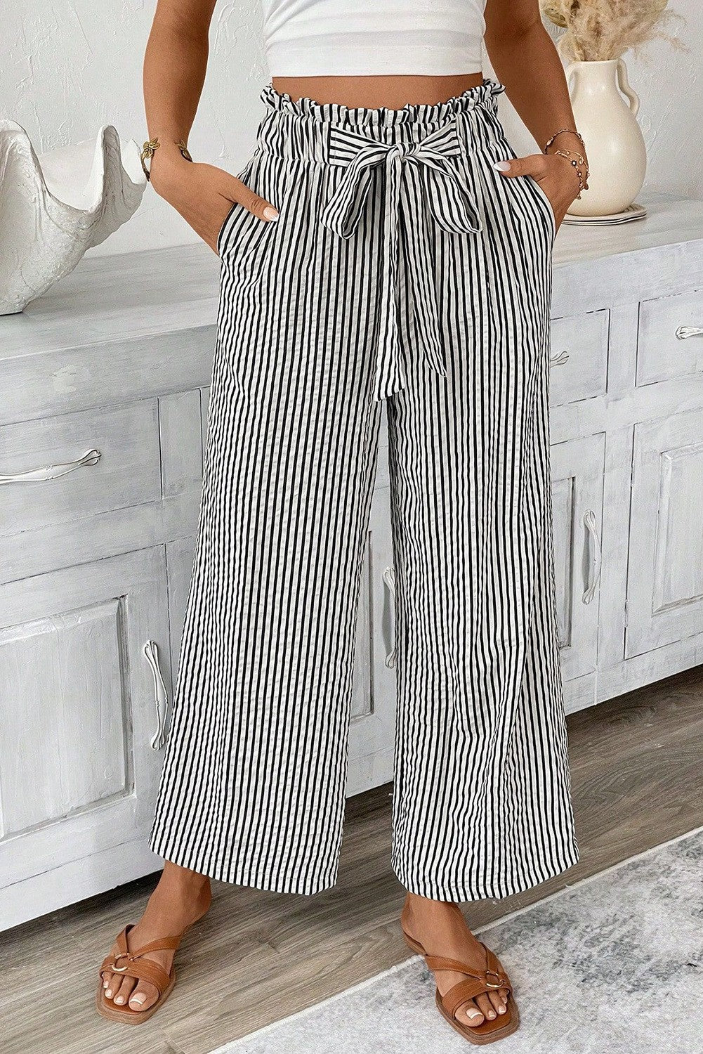 Black Striped Elastic Waist Pants