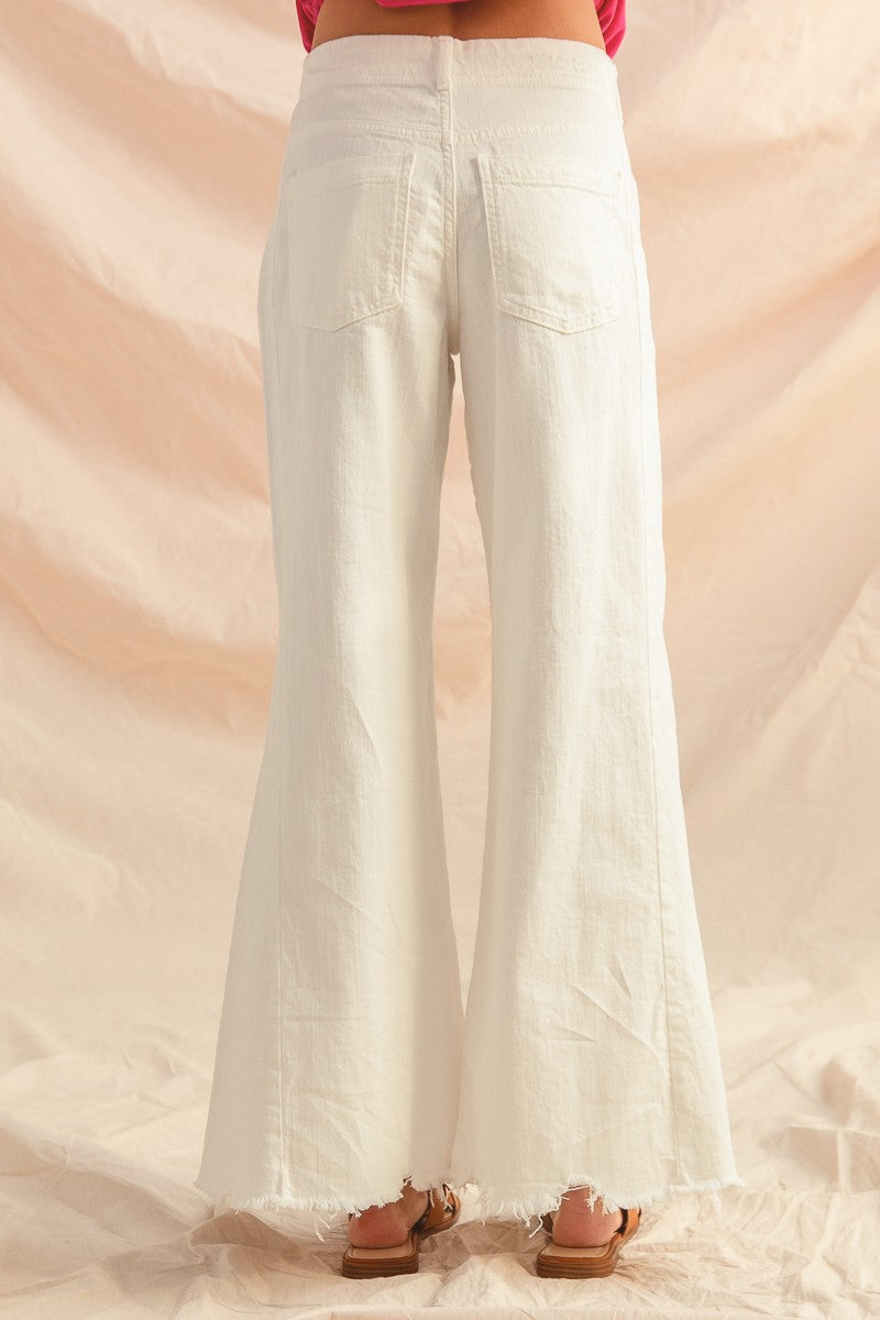 Off White Wide Flare Denim Pants w/ Distressed Hem