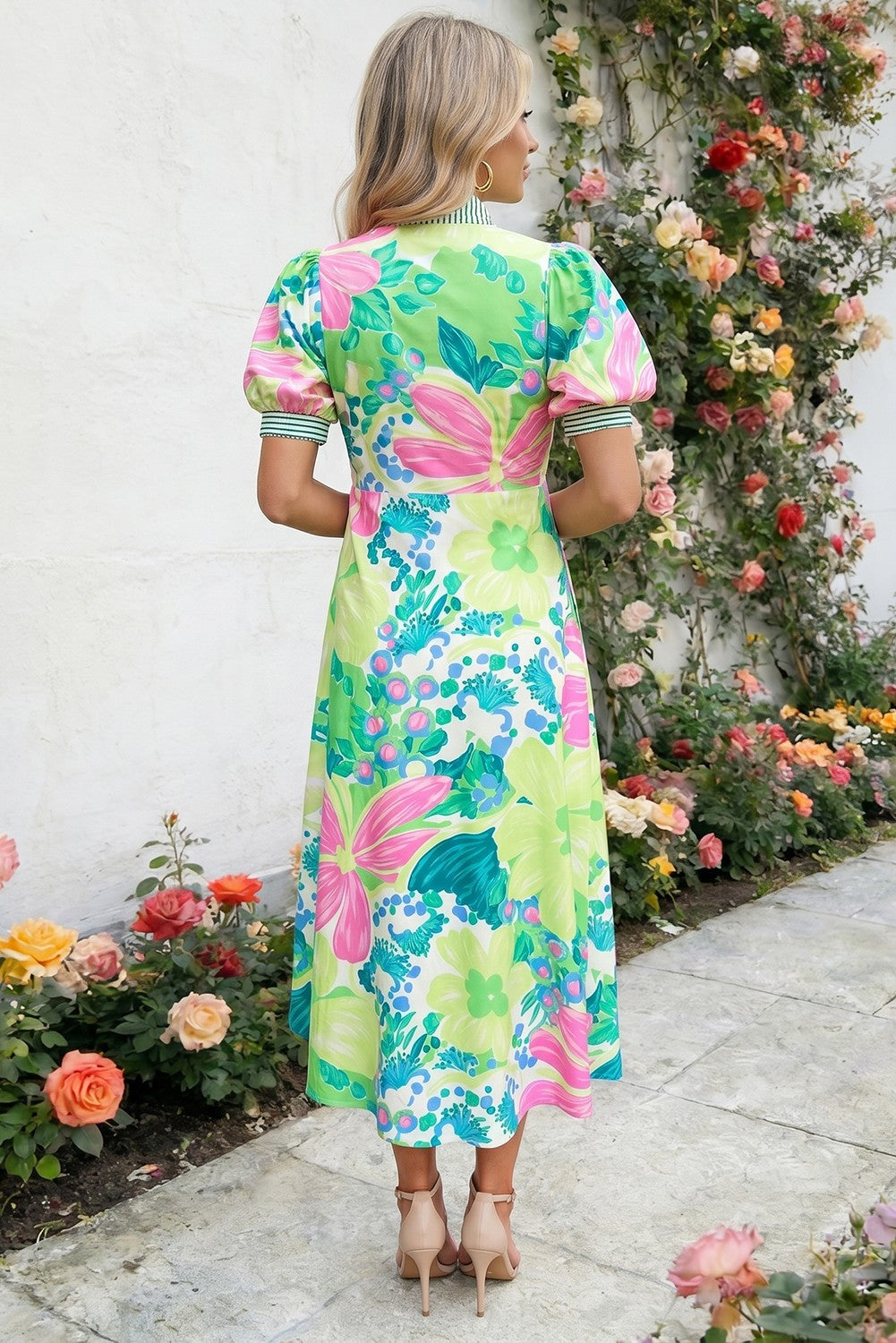 Green Vibrant Floral Short Puff Sleeve Midi Dress