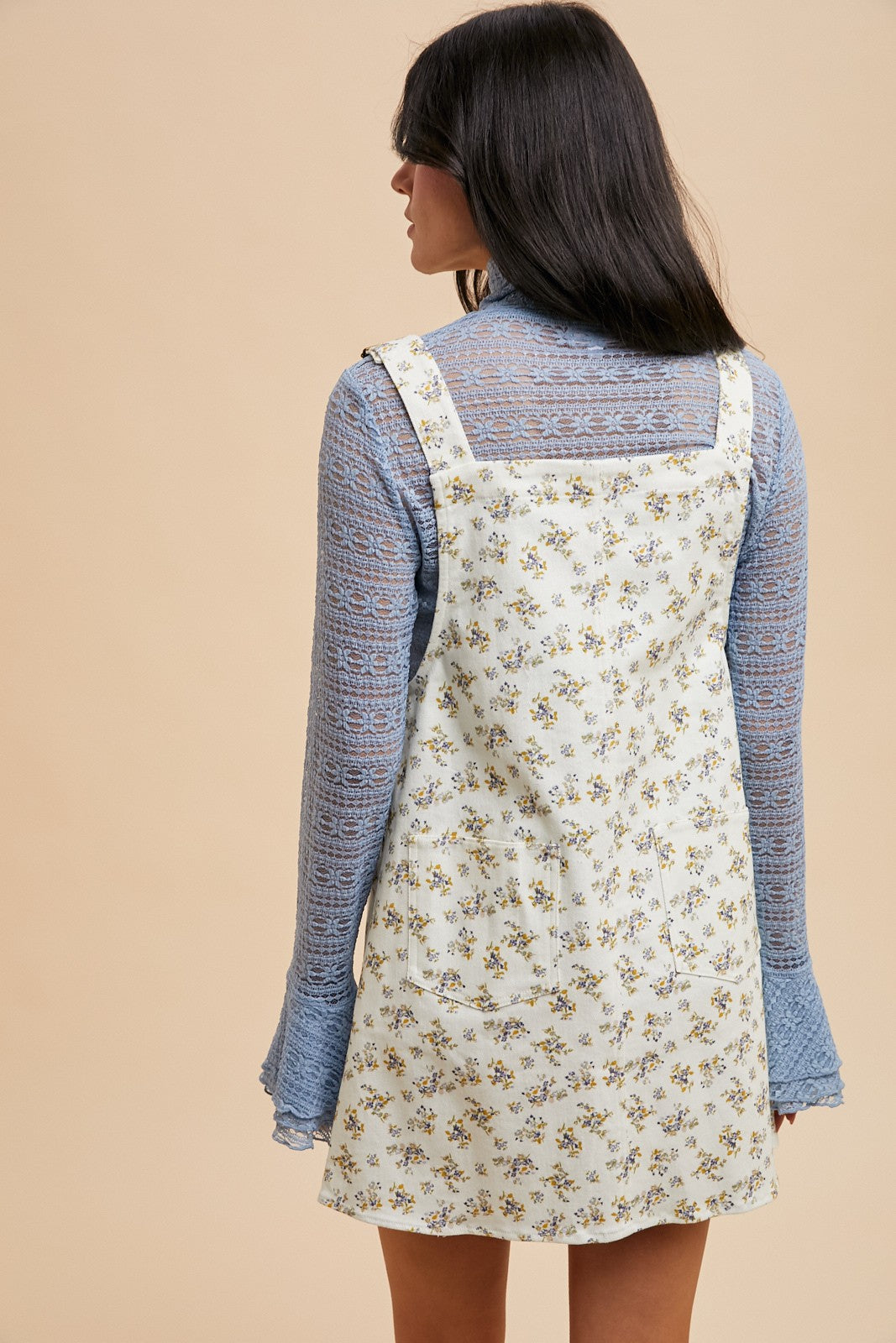 Ivory Floral Stretch Denim Overall Mini Dress