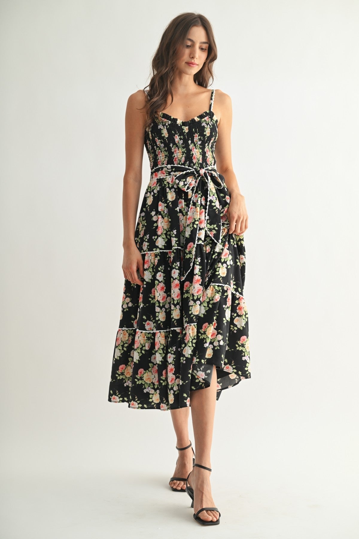 Black Floral Sleeveless Midi Dress w/ Tie