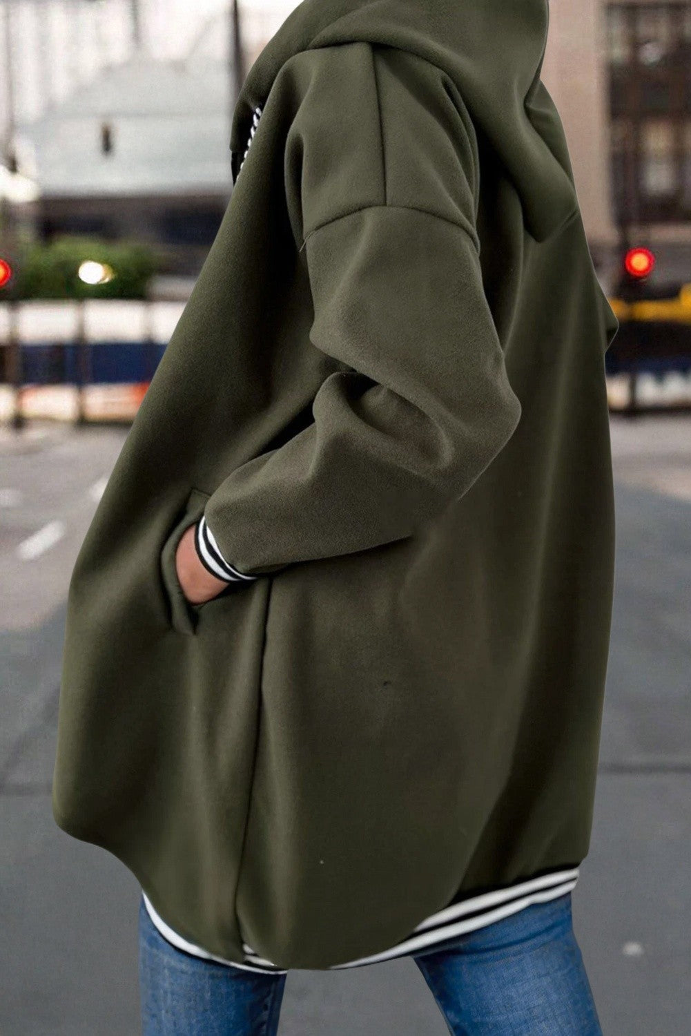 Green Contrast Cuffed Hooded Zip Up Jacket