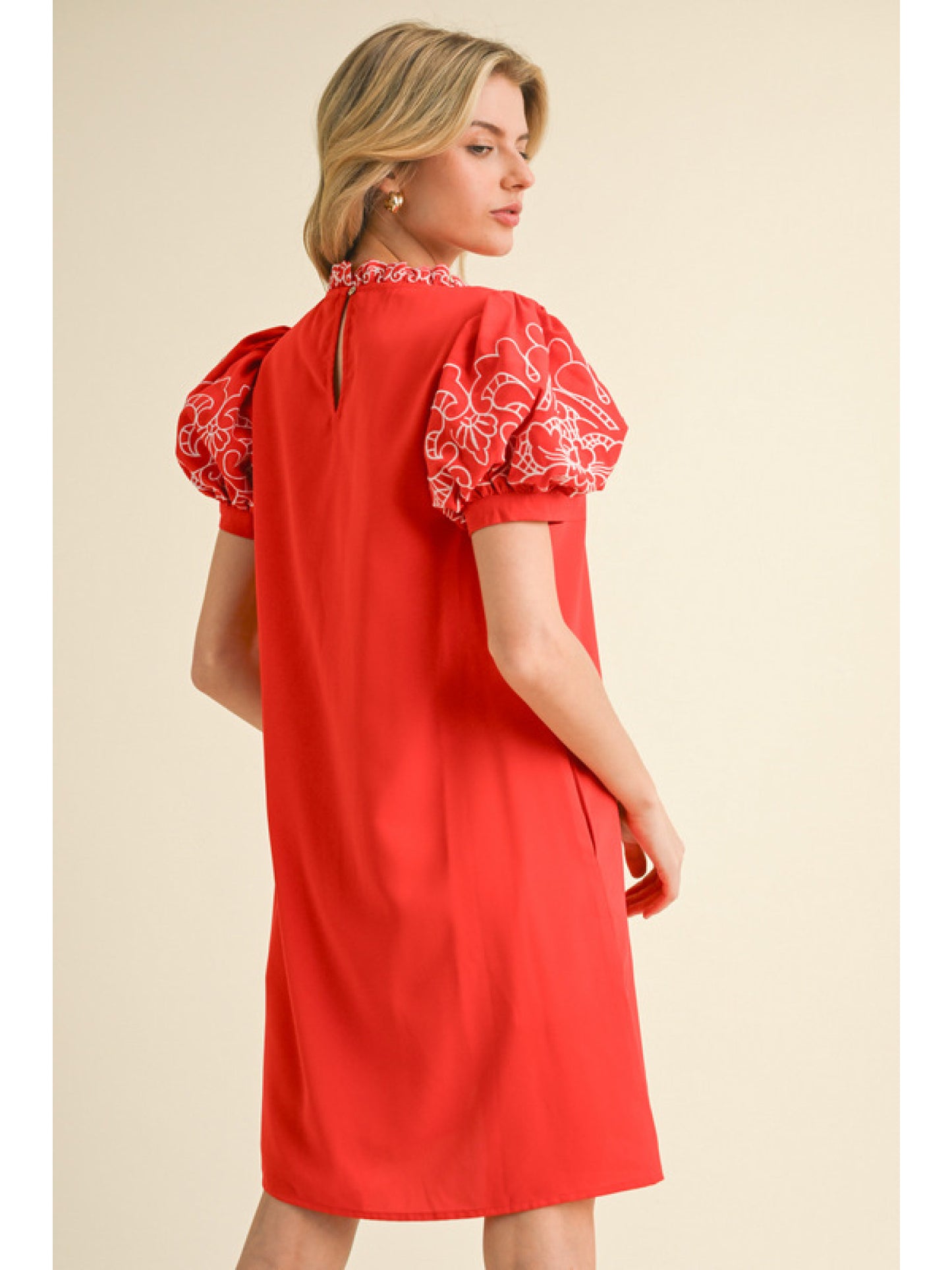 Red High Neck Mini Dress w/ Embroidered Puff Sleeves