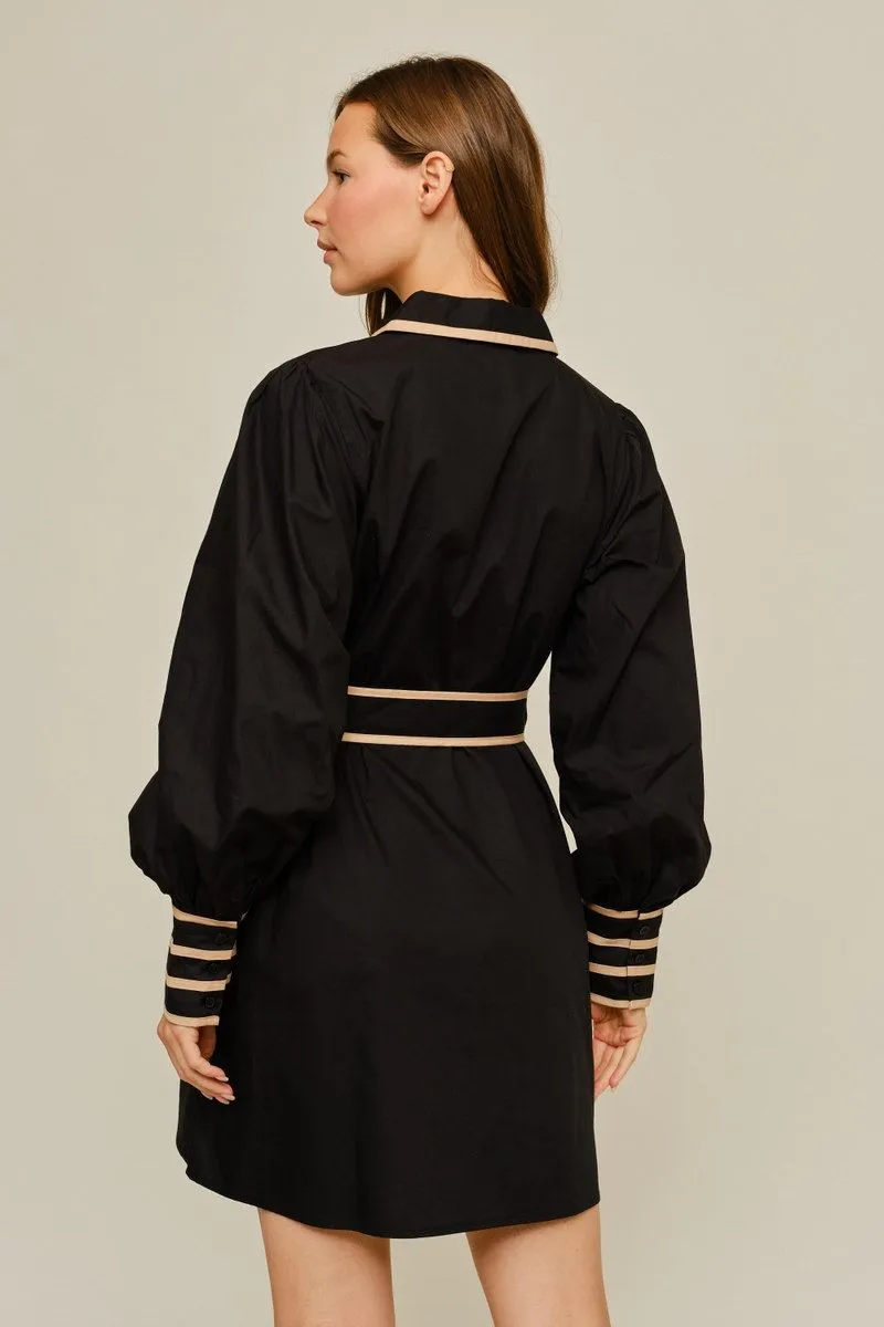 Black Collared Long Sleeve Mini Shirt Dress