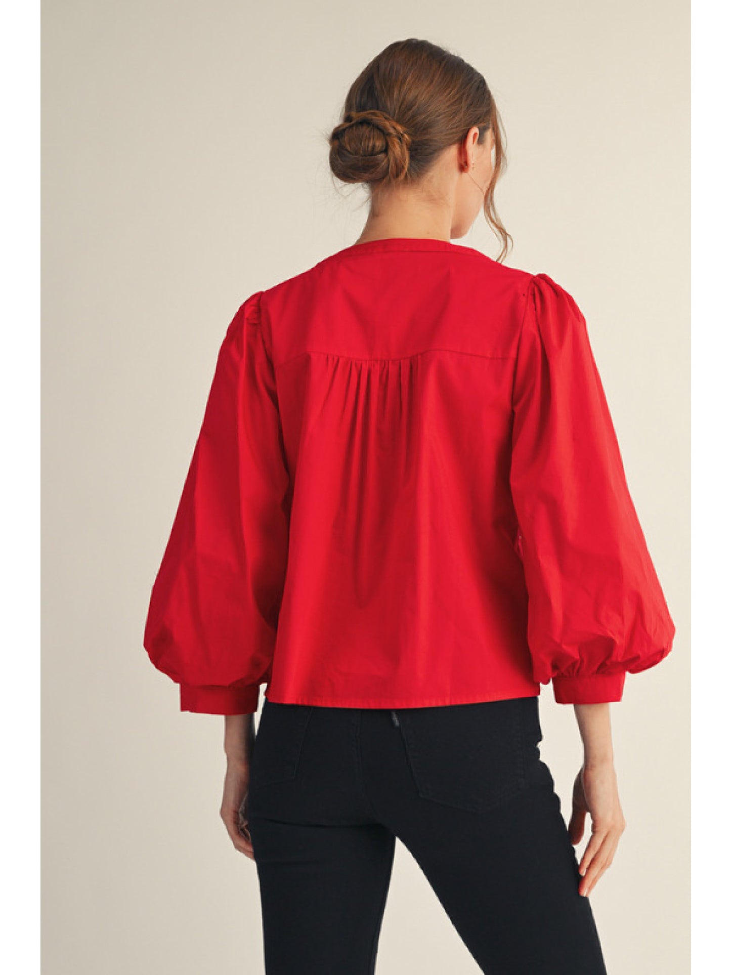 Long Balloon Sleeve, Babydoll Eyelet Print Blouse