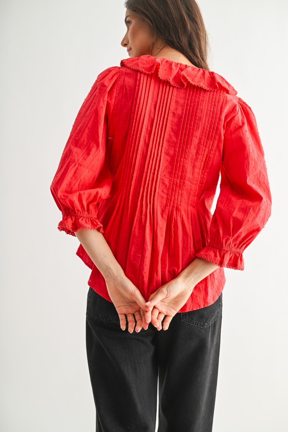 Red Ruffled, V-Neck 3/4 Sleeve Blouse
