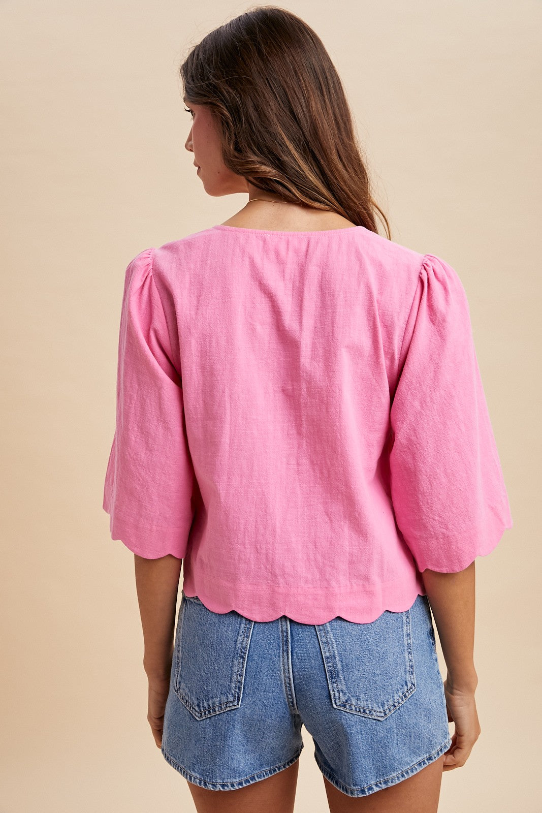 Bubble Gum Scallop Half Sleeve Button-Down Blouse