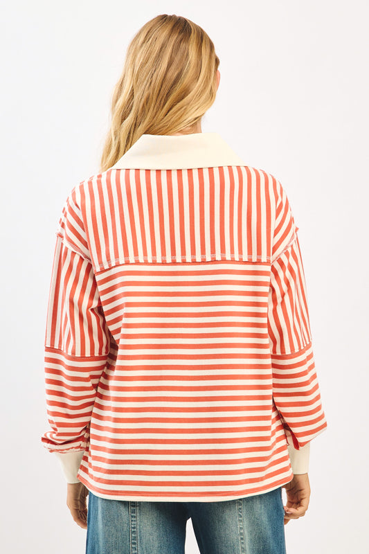 Burnt Orange Striped, Collared Sweatshirt