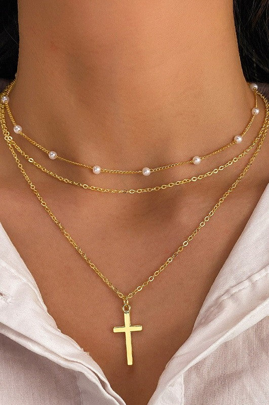 Triple Layered Cross + Pearl Necklace