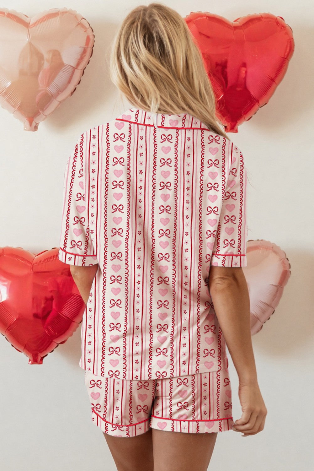 Red Bow + Heart Print Button Up/Shorts Pajama Set