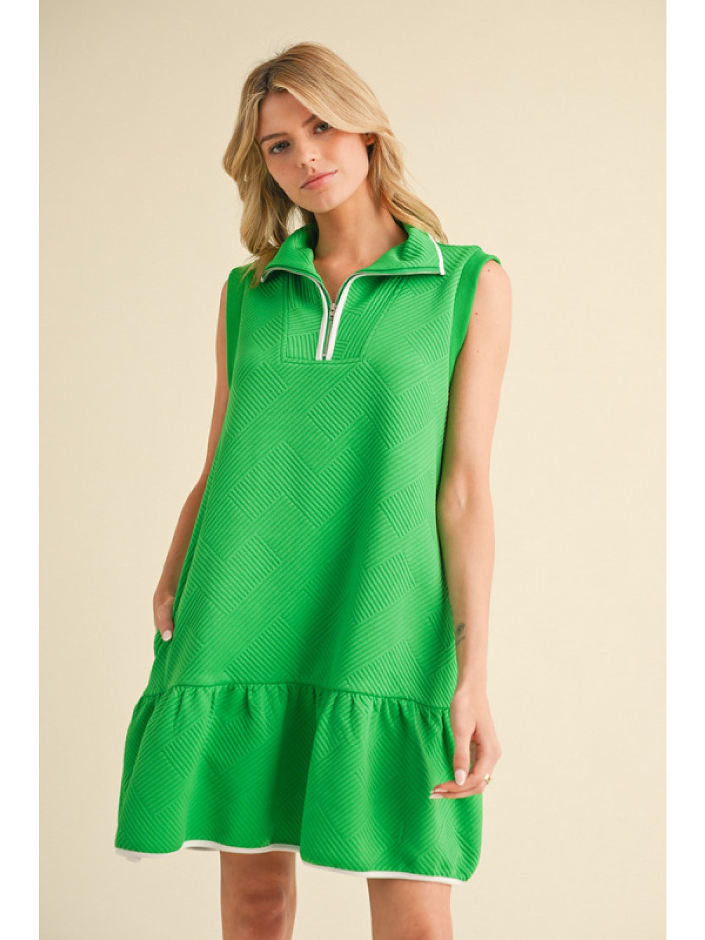 Zip Up, Wide Collared Sleeveless Mini Dress w/ Ruffly Hem