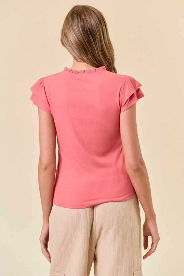 Coral Soft Rib Ruffled Neck Cap Sleeve Top