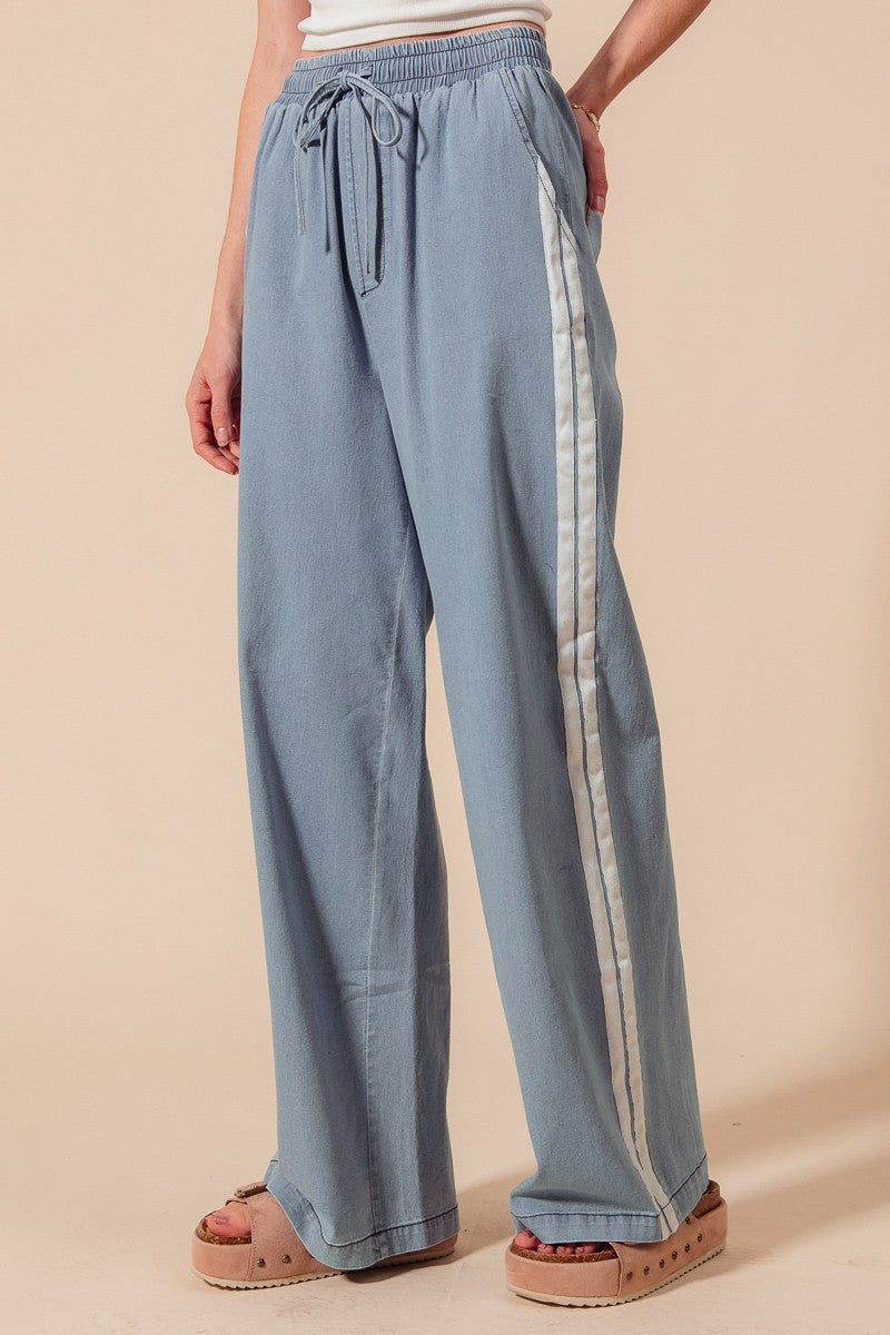 Denim/Ivory Mid Rise Drawstring Track Pants