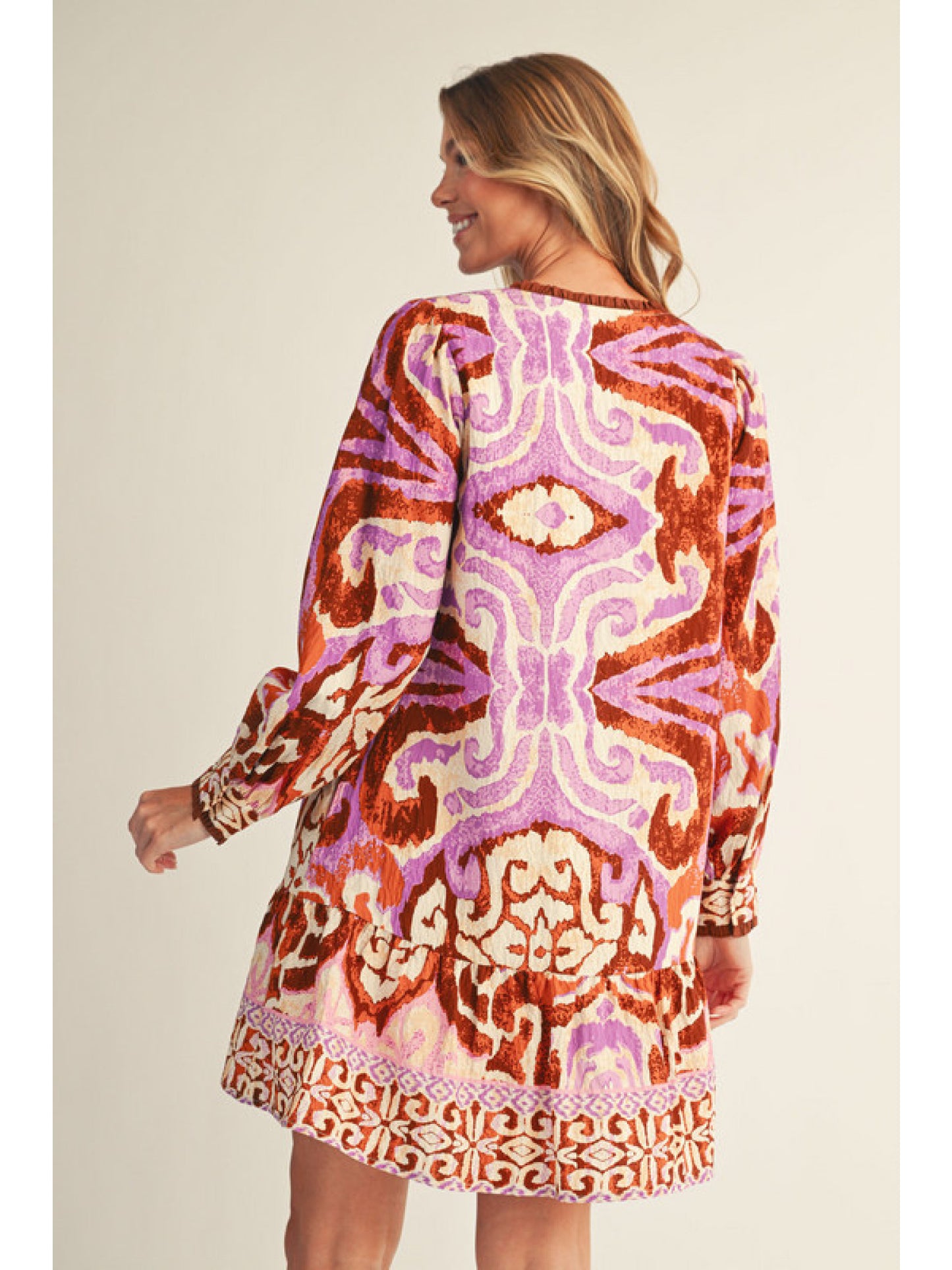 Toffee Abstract Printed Long Sleeve Button Down Mini Dress