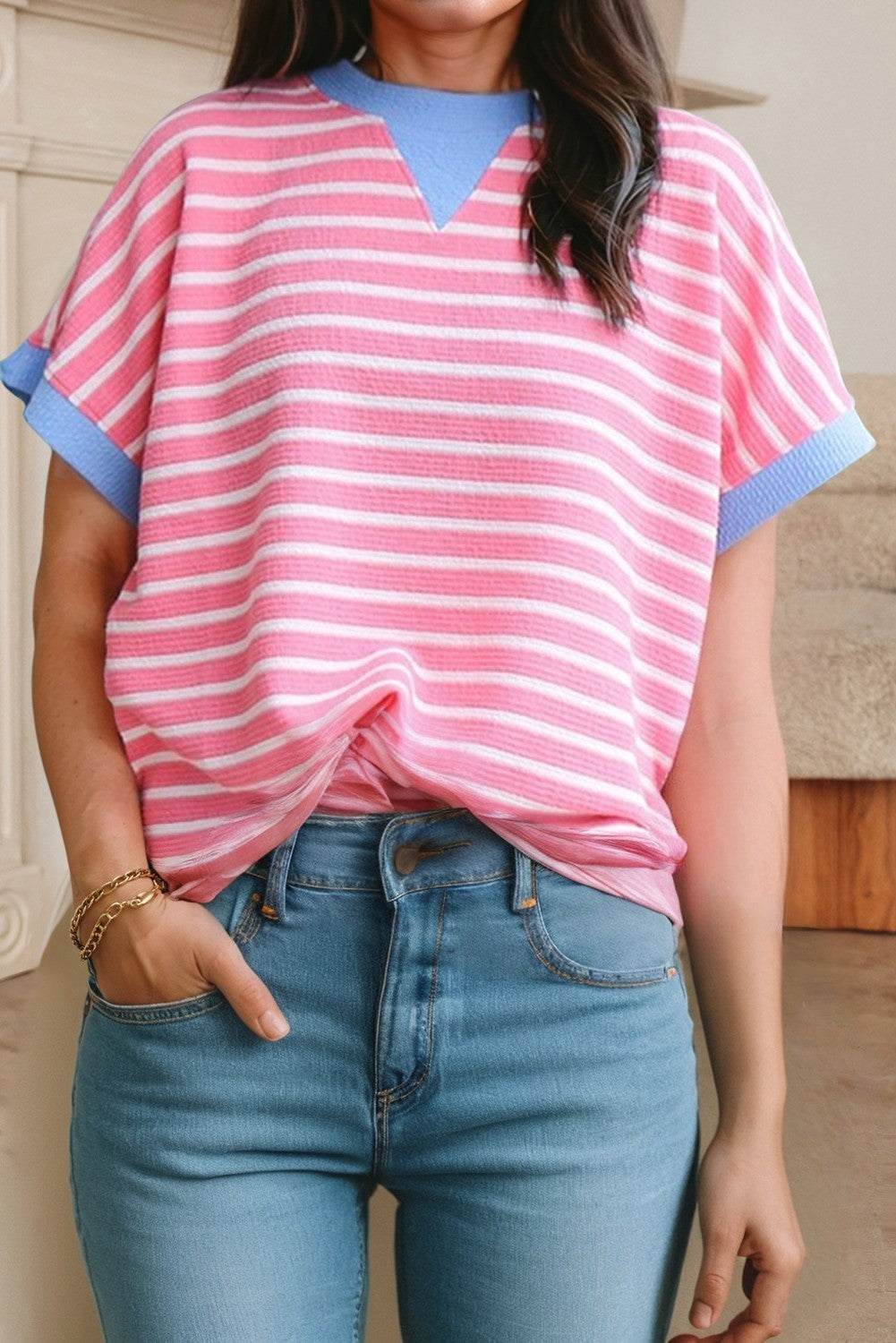 Pink Striped Box Tee w/ Blue Accents