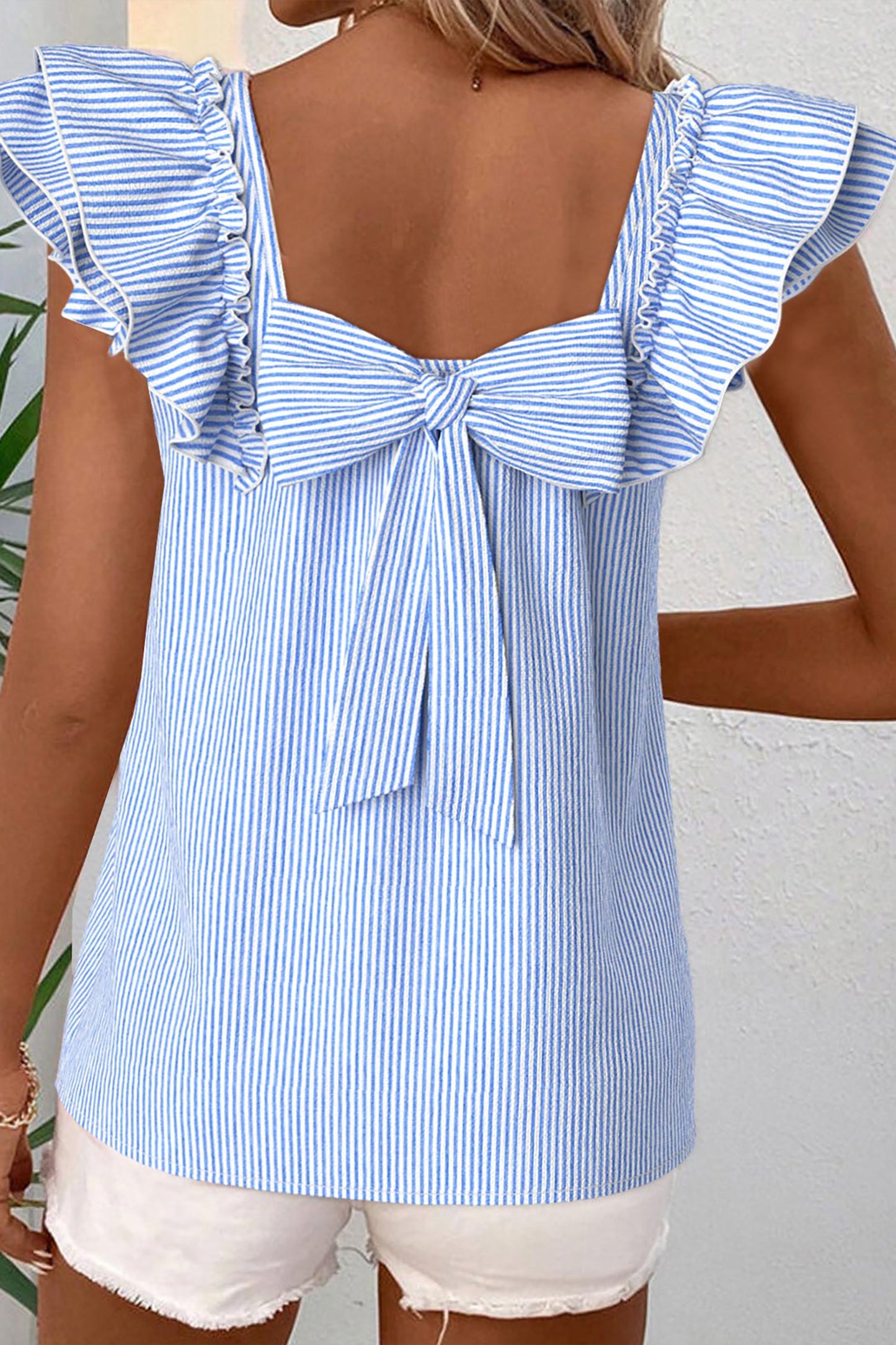 Blue Striped Ruffle Sleeveless Blouse